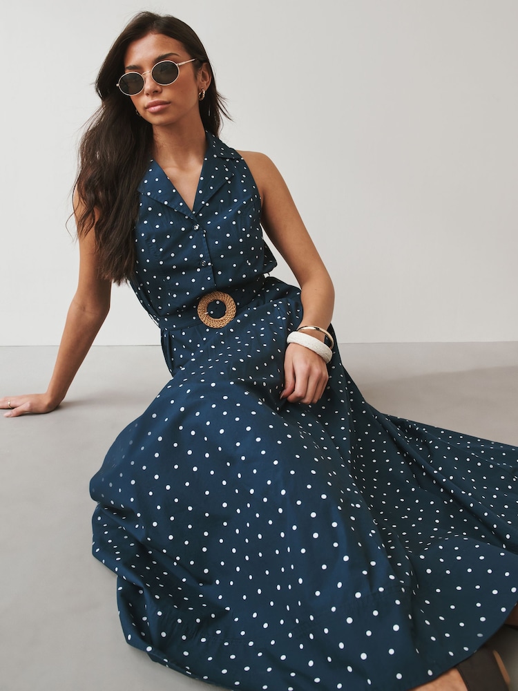 Navy Blue Polka Dot Halter Shirt Midi Belted Dress - Image 2 of 4