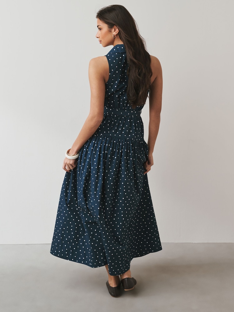 Buy Navy Blue Polka Dot Cotton Sleeveless Midi Belted Shirt Dress from Next  USA