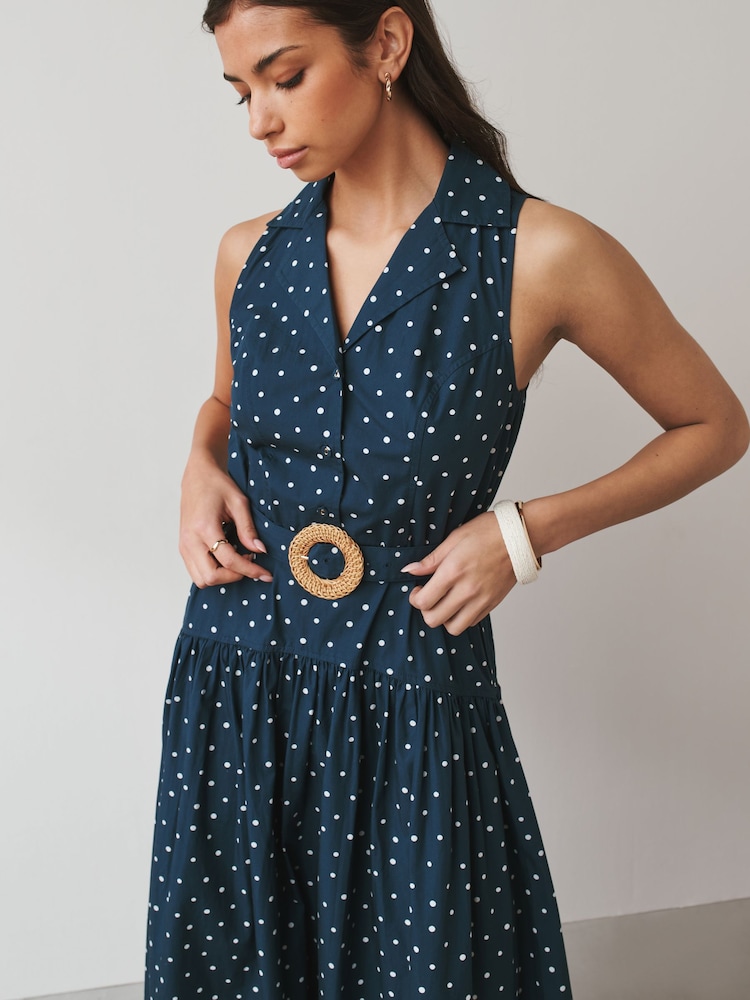 Navy Blue Polka Dot Halter Shirt Midi Belted Dress - Image 4 of 4