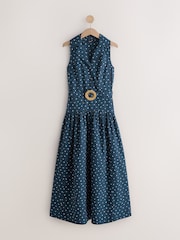 Navy Blue Polka Dot Cotton Sleeveless Midi Belted Shirt Dress - Image 5 of 7