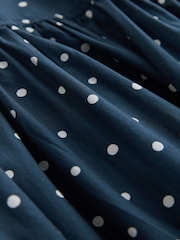 Navy Blue Polka Dot Cotton Sleeveless Midi Belted Shirt Dress - Image 6 of 7