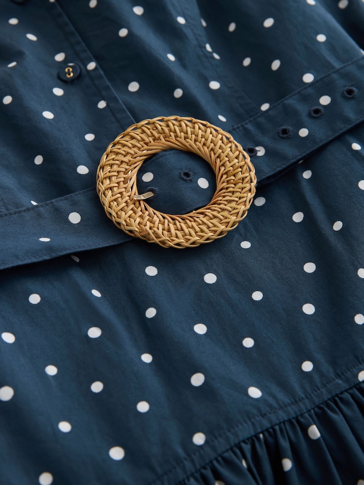 Navy Blue Polka Dot Cotton Sleeveless Midi Belted Shirt Dress - Image 7 of 7