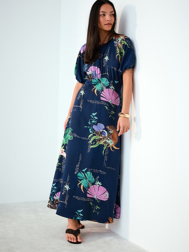 Kew Collection Navy Blue Floral Print Puff Sleeve Midi Dress - Image 1 of 8