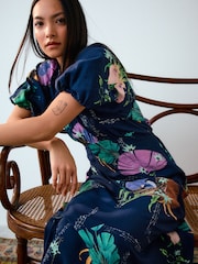 Kew Collection Navy Blue Floral Print Puff Sleeve Midi Dress - Image 2 of 8