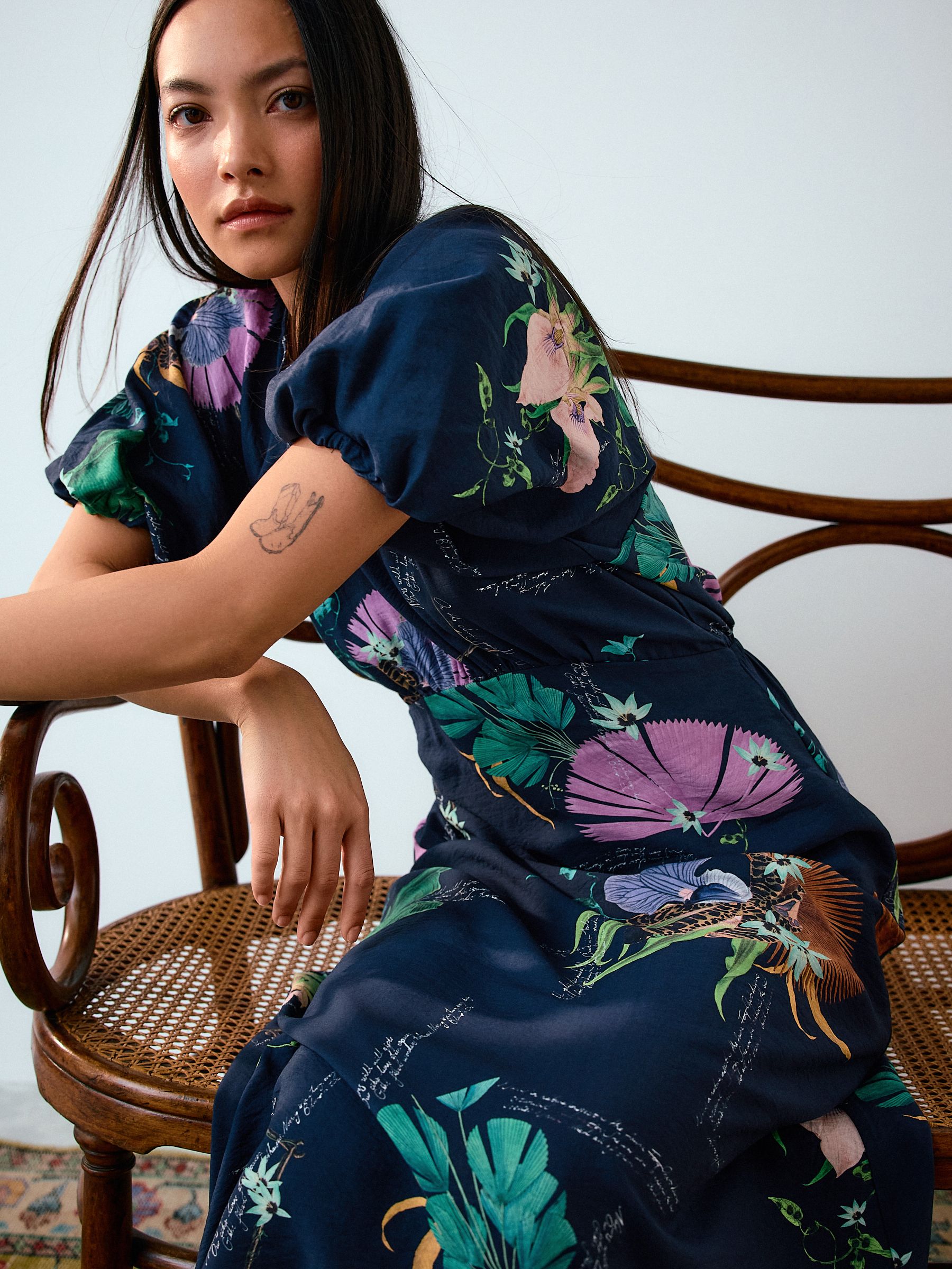 Buy Kew Collection Navy Blue Floral Print Puff Sleeve Midi Dress
