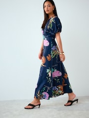Kew Collection Navy Blue Floral Print Puff Sleeve Midi Dress - Image 3 of 8