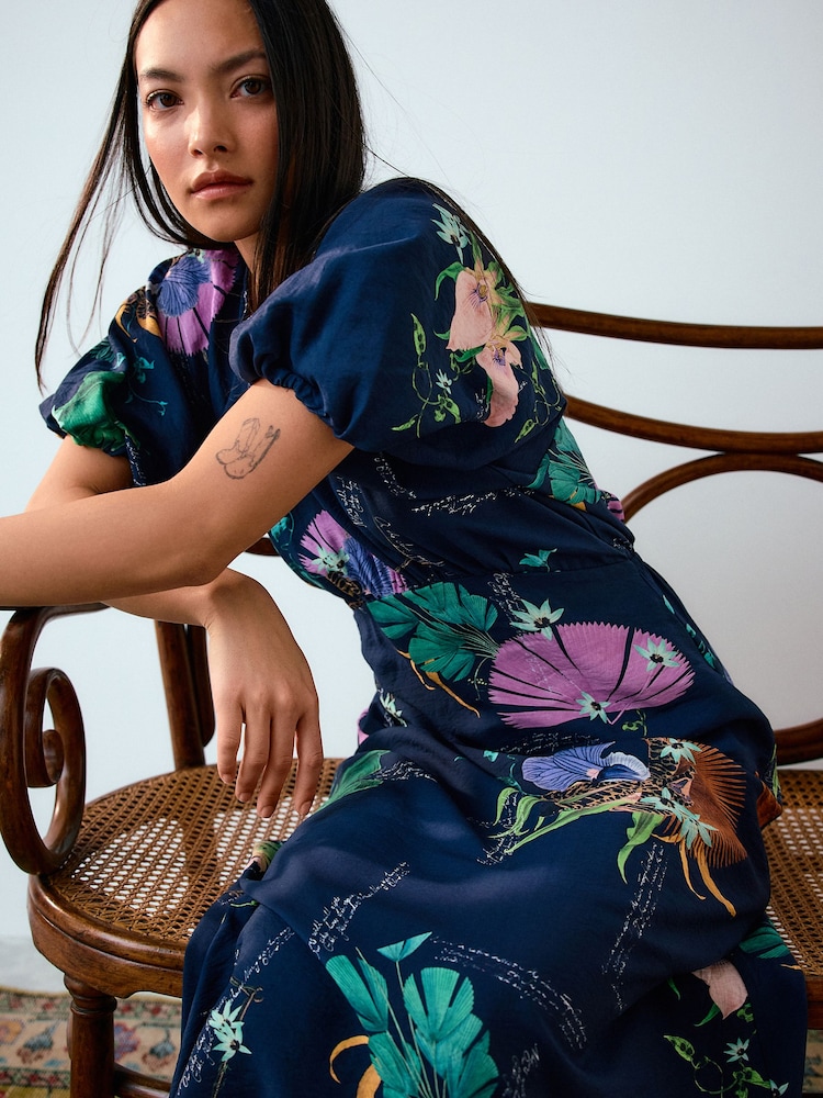 Womens Next Kew Collection Navy Blue Floral Print Puff Sleeve Midi Dress US 0