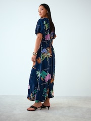 Kew Collection Navy Blue Floral Print Puff Sleeve Midi Dress - Image 4 of 8
