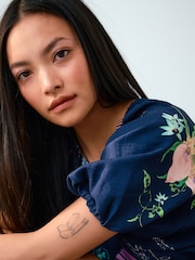 Kew Collection Navy Blue Floral Print Puff Sleeve Midi Dress - Image 5 of 8