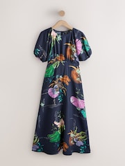 Kew Collection Navy Blue Floral Print Puff Sleeve Midi Dress - Image 6 of 8