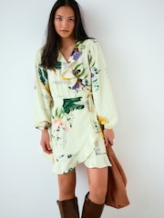 Kew Collection Yellow Floral Print - Long Sleeve Mini Wrap Dress - Slika 2 od 5
