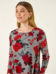 Roman Red Rose Print Stretch Swing Dress - Image 3 of 5