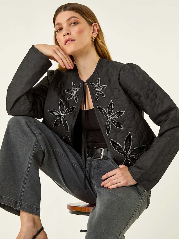 Roman Black Quilted Velvet Trim Jacket - Image 1 of 5 Roman Black Quilted Velvet Trim Jacket - Image 1 of 5