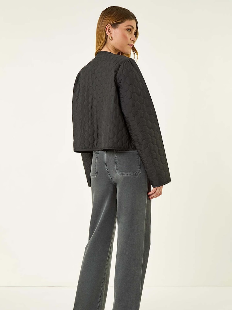 Roman Black Quilted Velvet Trim Jacket - Image 2 of 5 Roman Black Quilted Velvet Trim Jacket - Image 2 of 5