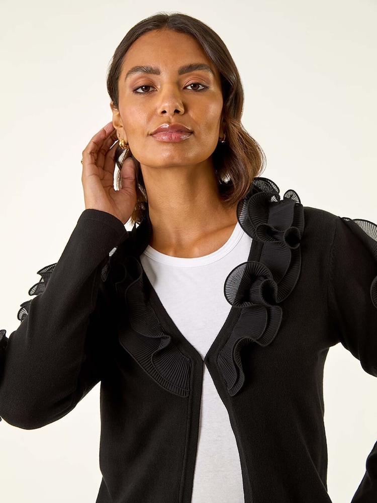 Roman Black Ruffle Contrast Knit Cardigan - Image 1 of 5