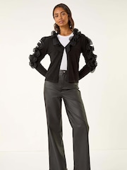 Roman Black Ruffle Contrast Knit Cardigan - Image 2 of 5