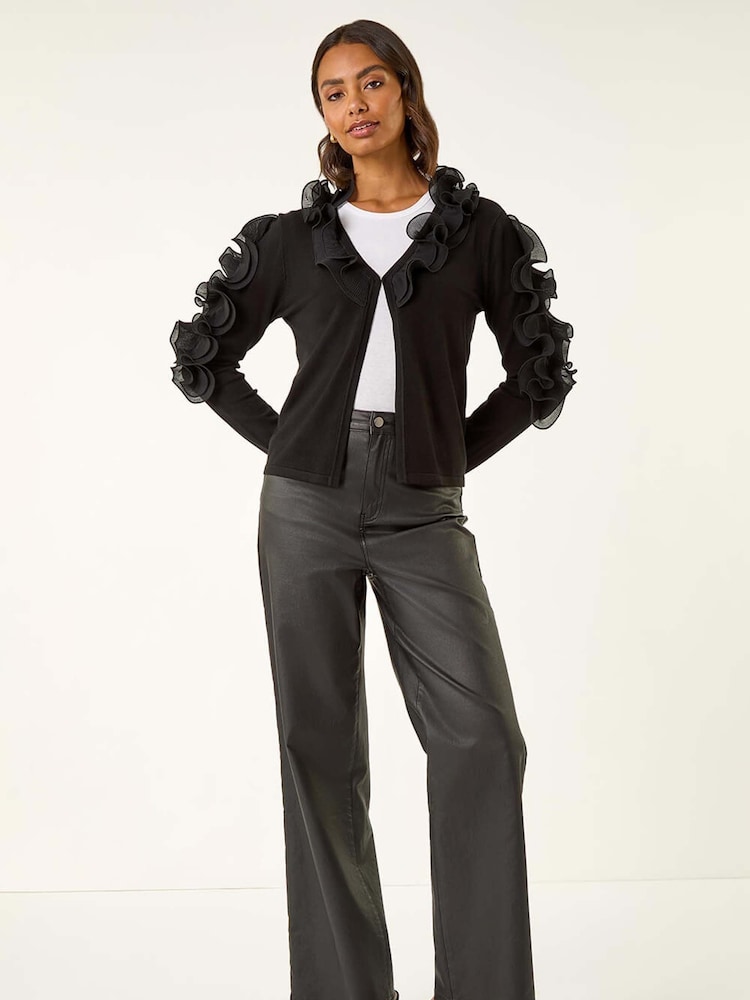 Roman Black Ruffle Contrast Knit Cardigan - Image 2 of 5