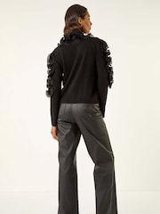 Roman Black Ruffle Contrast Knit Cardigan - Image 3 of 5