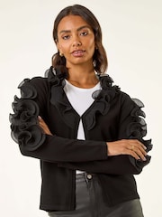 Roman Black Ruffle Contrast Knit Cardigan - Image 4 of 5