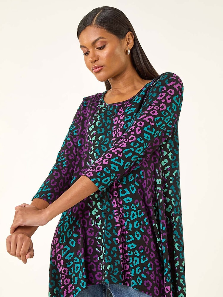 Roman Blue Animal Print Hanky Hem Stretch Blouse - Image 1 of 5