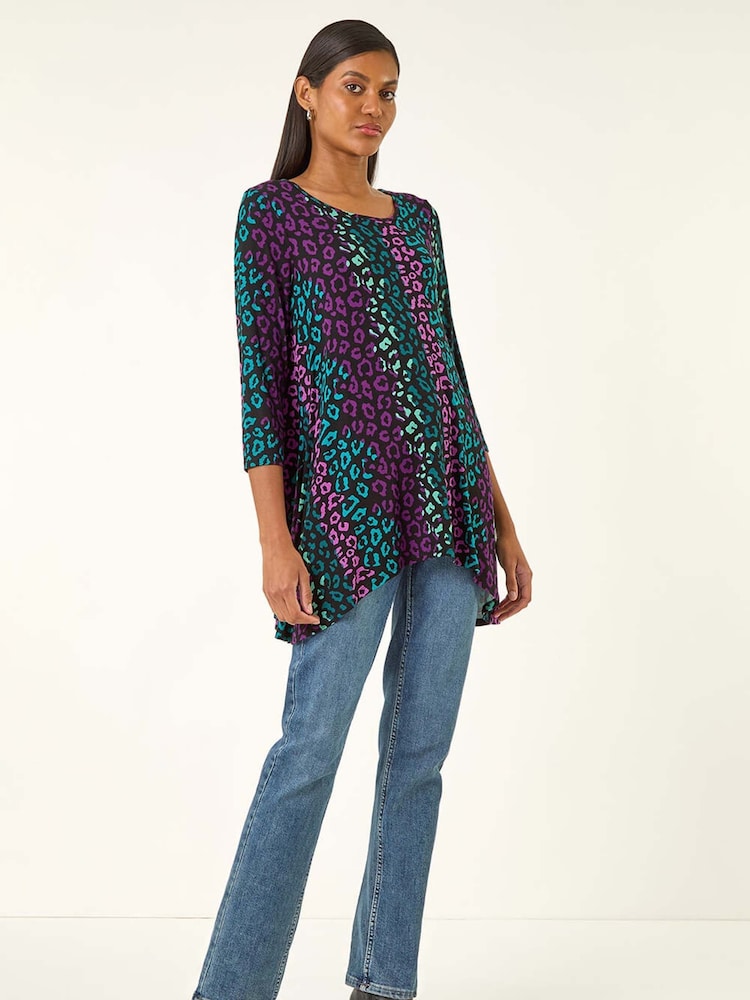 Roman Blue Animal Print Hanky Hem Stretch Blouse - Image 2 of 5