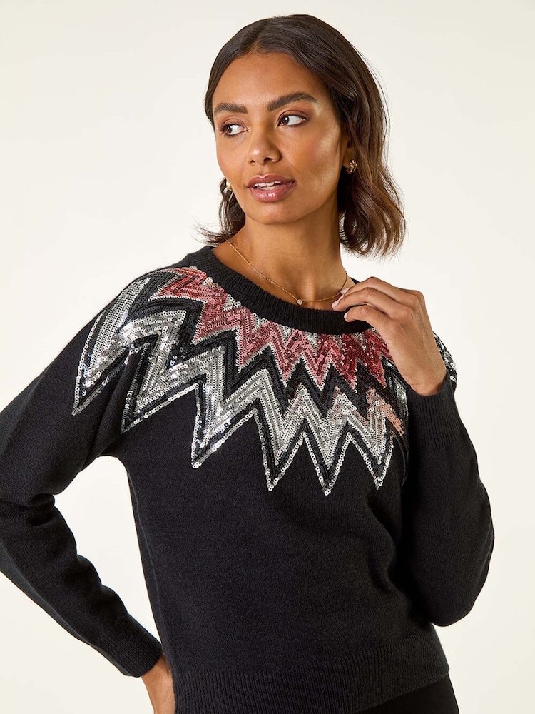 Roman Black Sequin Neckline Knit Jumper - Image 1 of 5