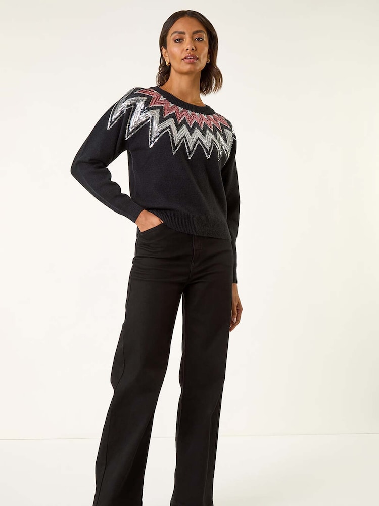 Roman Black Sequin Neckline Knit Jumper - Image 2 of 5