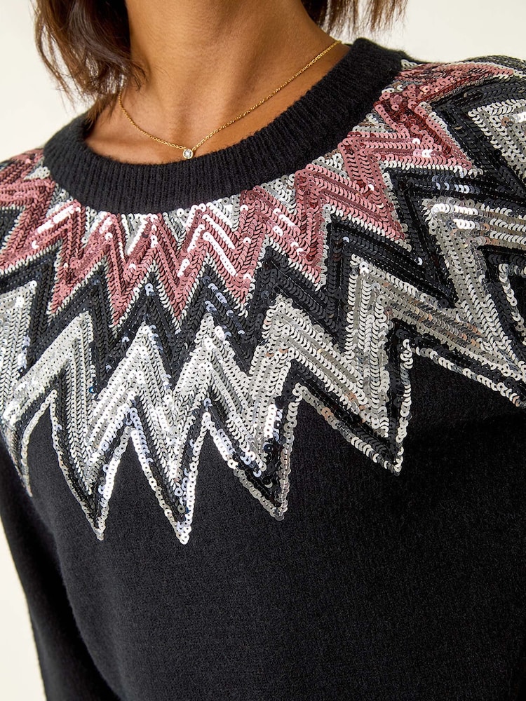 Roman Black Sequin Neckline Knit Jumper - Image 5 of 5