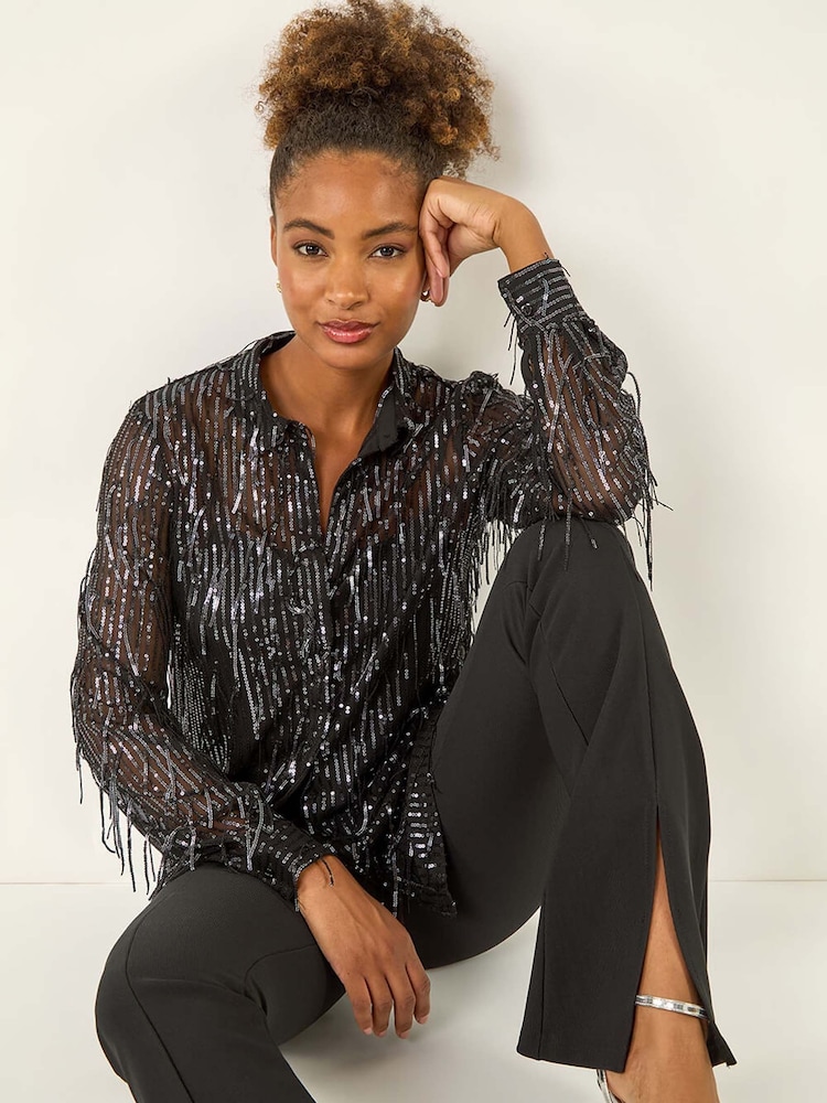 Roman Grey Sequin Tassel Stretch Shirt - Image 1 of 5 Roman Grey Sequin Tassel Stretch Shirt - Image 1 of 5