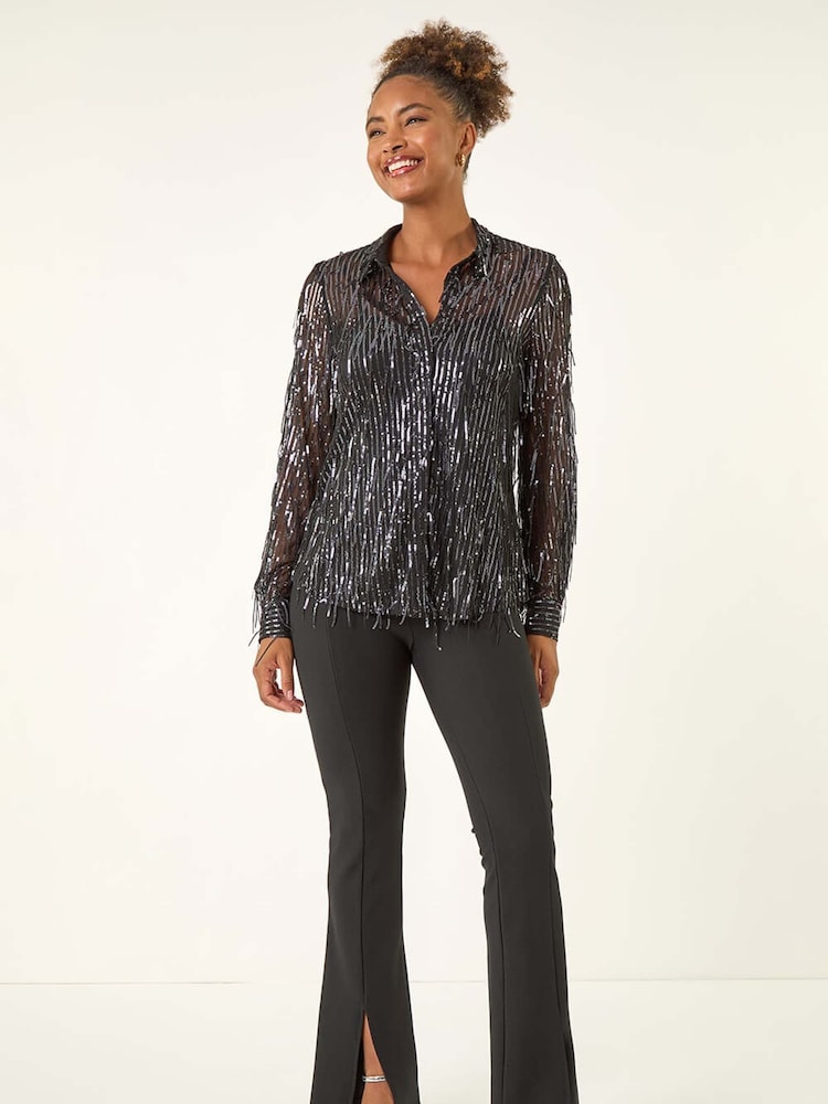 Roman Grey Sequin Tassel Stretch Shirt - Image 2 of 5 Roman Grey Sequin Tassel Stretch Shirt - Image 2 of 5