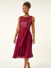 Roman Red Sequin Bodice Belted Chiffon Dress - Image 1 of 5