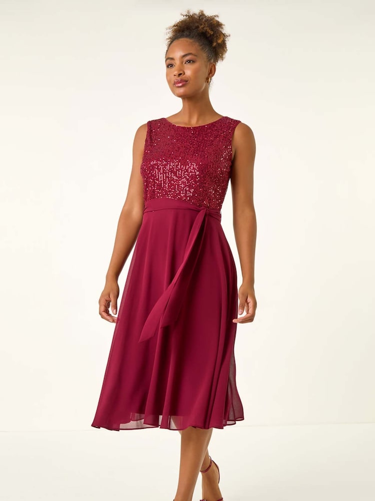Roman Red Sequin Bodice Belted Chiffon Dress - Image 1 of 5