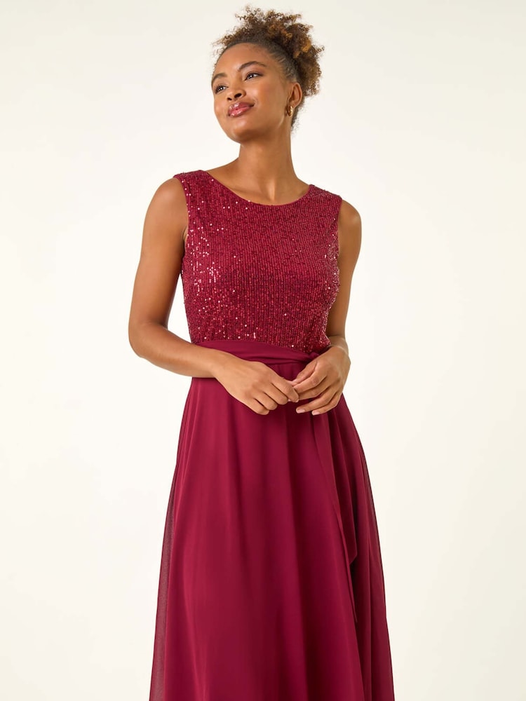 Roman Red Sequin Bodice Belted Chiffon Dress - Image 2 of 5