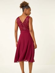 Roman Red Sequin Bodice Belted Chiffon Dress - Image 3 of 5
