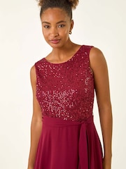 Roman Red Sequin Bodice Belted Chiffon Dress - Image 4 of 5