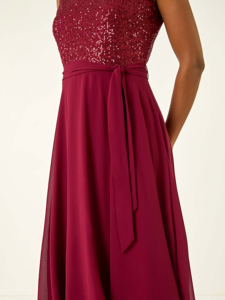 Roman Red Sequin Bodice Belted Chiffon Dress - Image 5 of 5