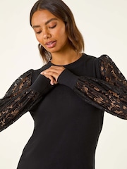 Roman Black Lace Sleeve Detail Stretch Blouse - Image 1 of 5