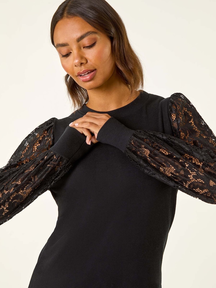 Roman Black Lace Sleeve Detail Stretch Blouse - Image 1 of 5