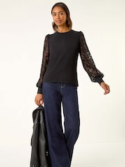 Roman Black Lace Sleeve Detail Stretch Blouse - Image 2 of 5