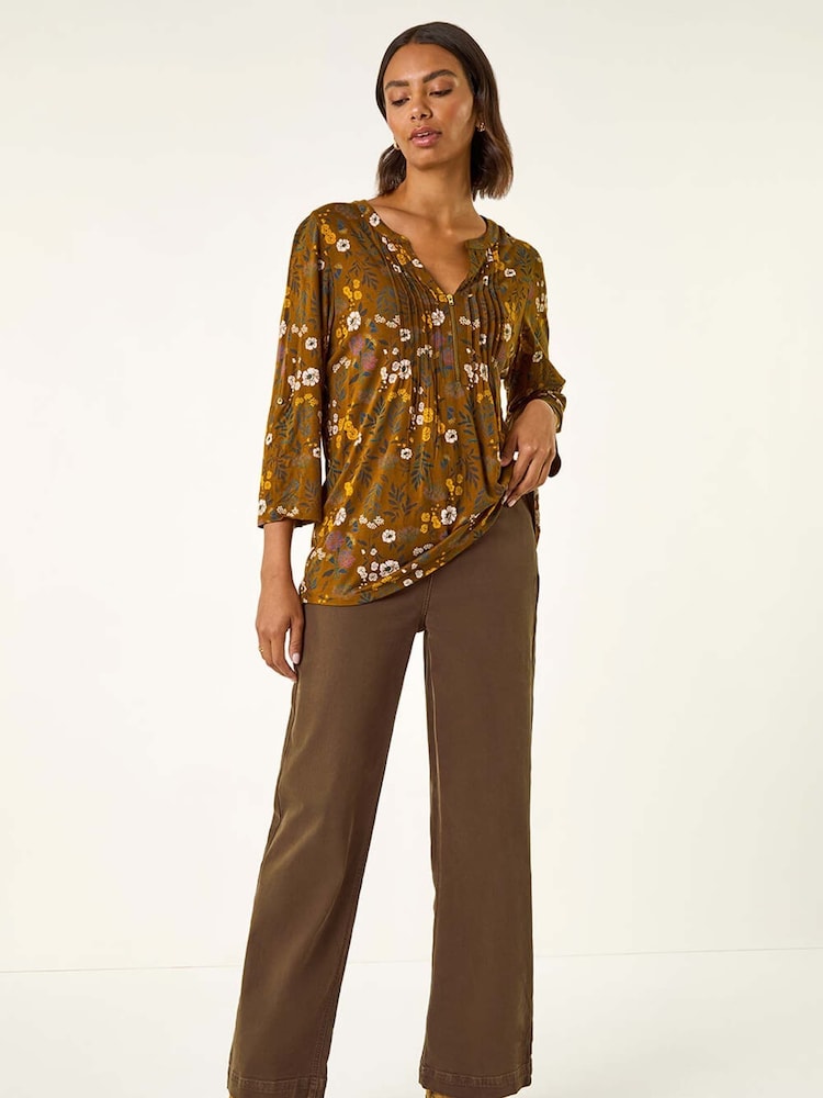 Roman Yellow Textured Floral Pintuck Tunic Top - Image 2 of 5 Roman Yellow Textured Floral Pintuck Tunic Top - Image 2 of 5