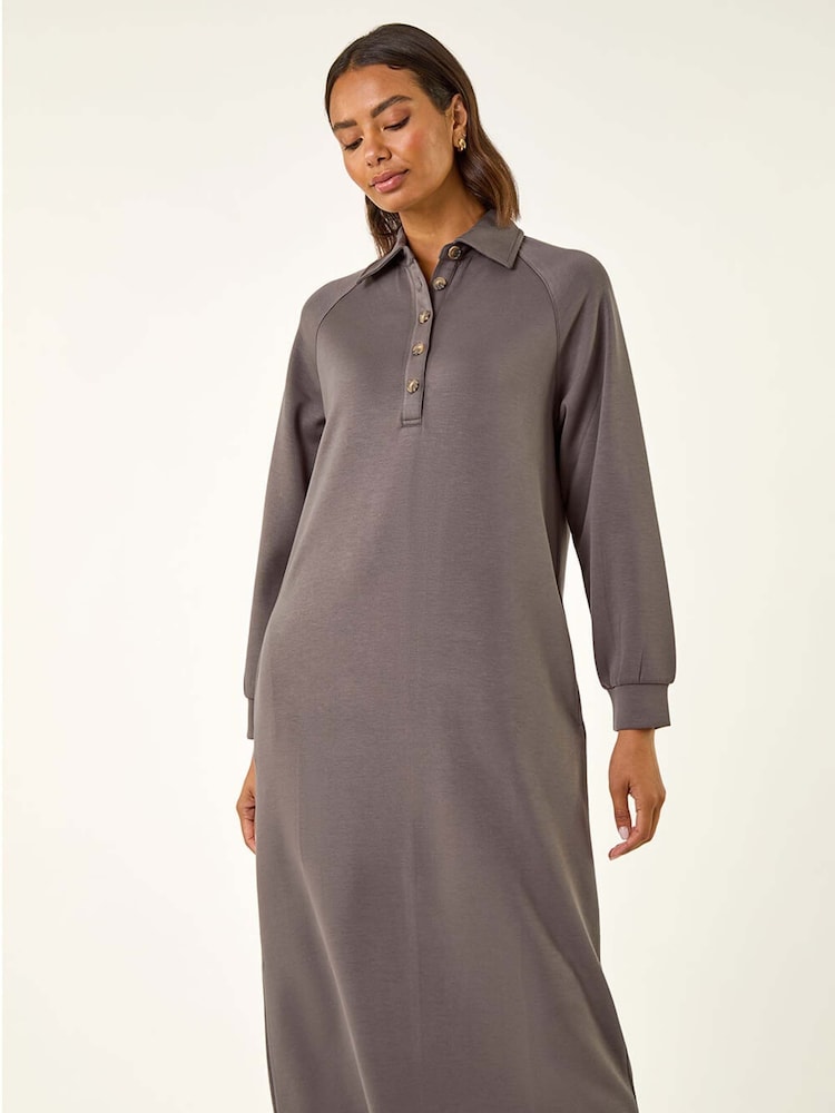Roman Grey Buttoned Collar Midi Dress - Image 2 of 5 Roman Grey Buttoned Collar Midi Dress - Image 2 of 5