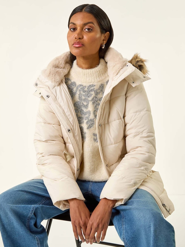 Roman White Faux Fur Padded Belt Coat - Image 1 of 5