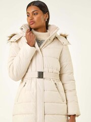Roman White Faux Fur Padded Belt Coat - Image 4 of 5