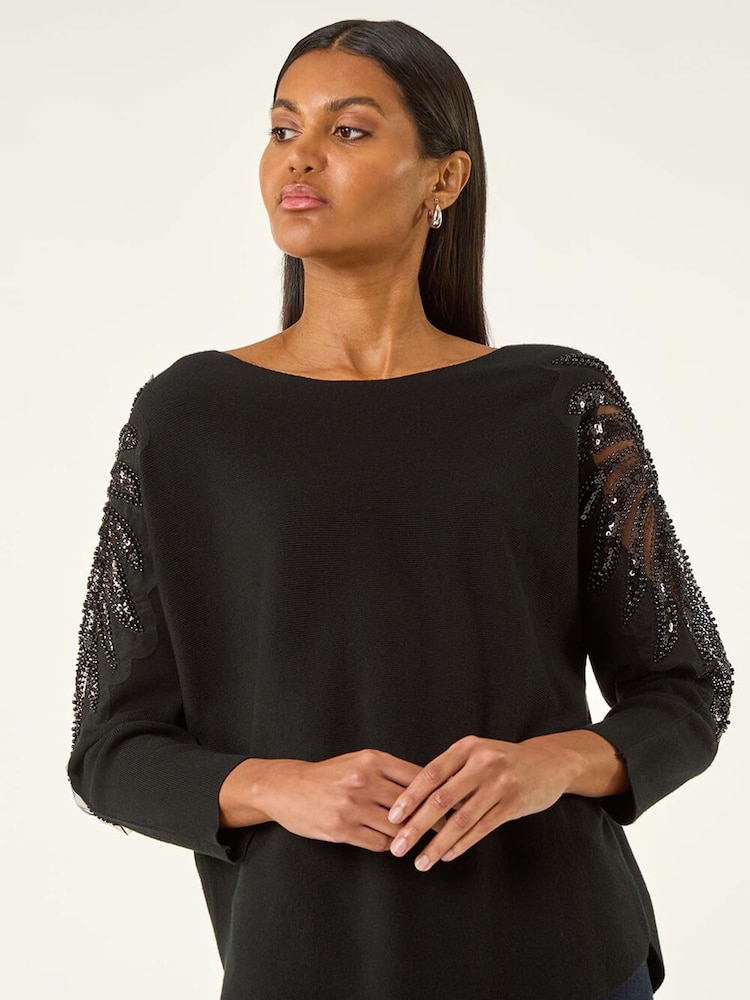 Roman Black Embellished Knit Jumper - Image 2 of 5 Roman Black Embellished Knit Jumper - Image 2 of 5