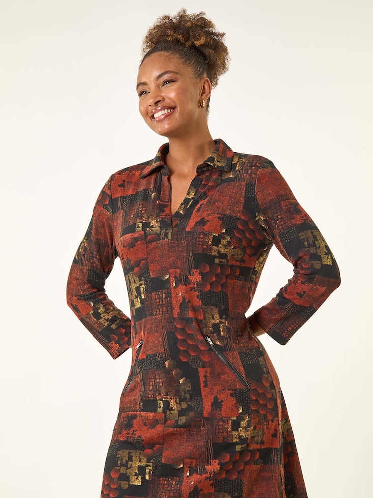 Roman Orange Patchwork Print Shift Dress - Image 2 of 5