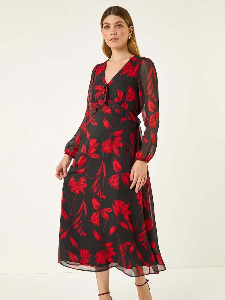 Roman Red Floral Frill Chiffon Midi Dress - Image 1 of 5 Roman Red Floral Frill Chiffon Midi Dress - Image 1 of 5