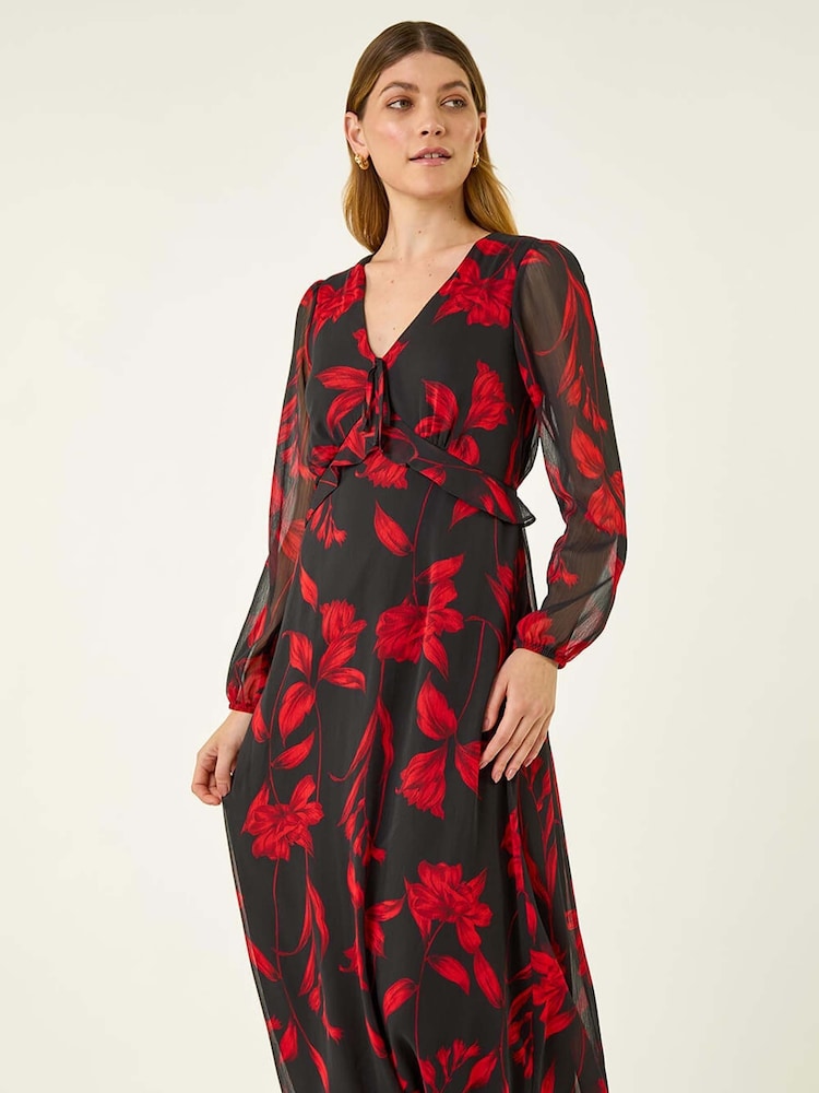 Roman Red Floral Frill Chiffon Midi Dress - Image 2 of 5 Roman Red Floral Frill Chiffon Midi Dress - Image 2 of 5