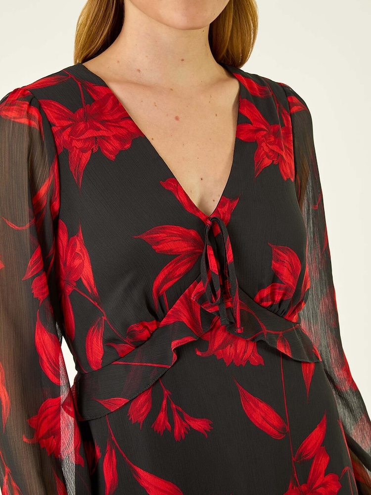 Roman Red Floral Frill Chiffon Midi Dress - Image 5 of 5 Roman Red Floral Frill Chiffon Midi Dress - Image 5 of 5