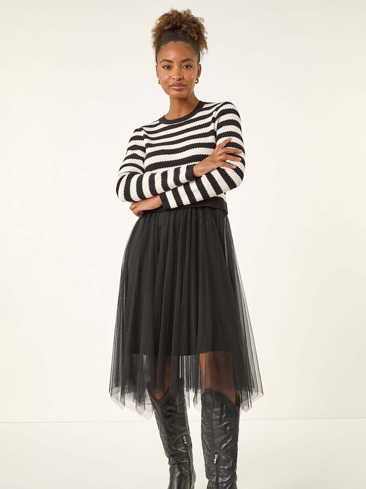 Roman Black Stripe Print Mesh Midi Dress - Image 2 of 5 Roman Black Stripe Print Mesh Midi Dress - Image 2 of 5