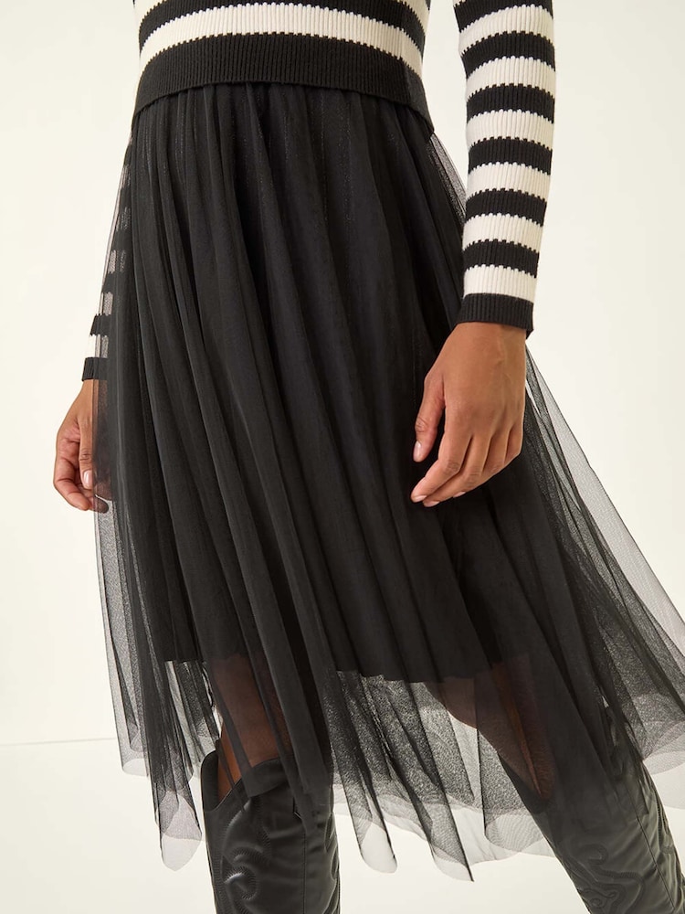 Roman Black Stripe Print Mesh Midi Dress - Image 5 of 5 Roman Black Stripe Print Mesh Midi Dress - Image 5 of 5